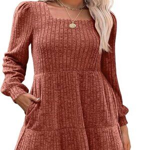 Women Caramel Square Neck Long Sleeve Fall Dresses Casual Babydoll Sweater Dress